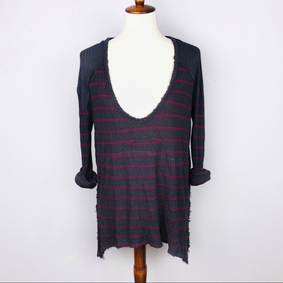 Free People Raw Hem Striped Pullover V Neck Long Sweater Size Small - Picture 1 of 8